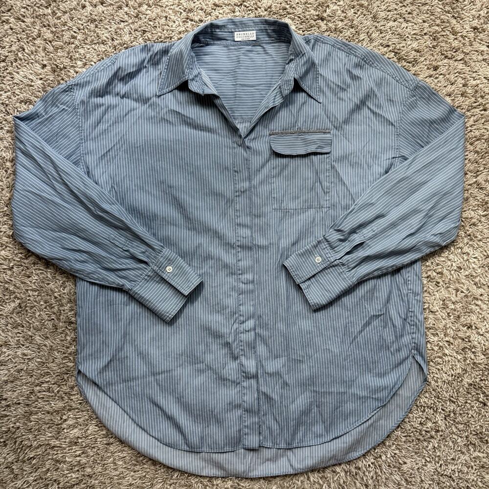 Vintage Brunello Cucinelli Italy Oversized Blue Striped Button Up Shirt Size M
